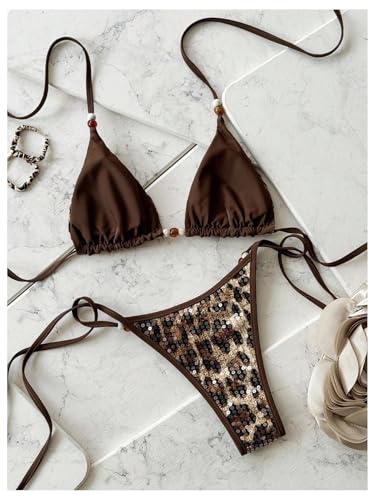 Bikini de leopardo marrón con lentejuelas triángulo halter de dos piezas en talla S 3