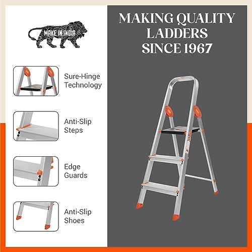 Image of Bathla Advance Carbon - 3 Step Foldable Aluminium Ladder with Scratch Resistant Smart Platform and Sure-Hinge Technology (Orange)