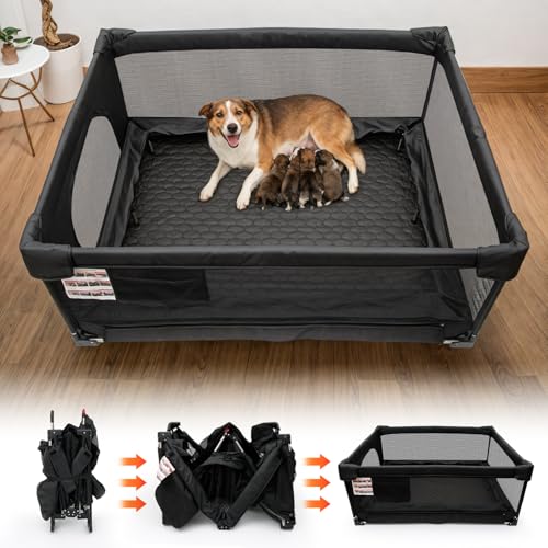 Foldable Whelping Box with Stainless Steel Rail - Stop Mom from Lying on the Pups 47x59x24inch Whelping Box for Dogs and Puppies Puppy Playpen Indoor Dog Cat Birthing Pen with Removable Waterproof Pad