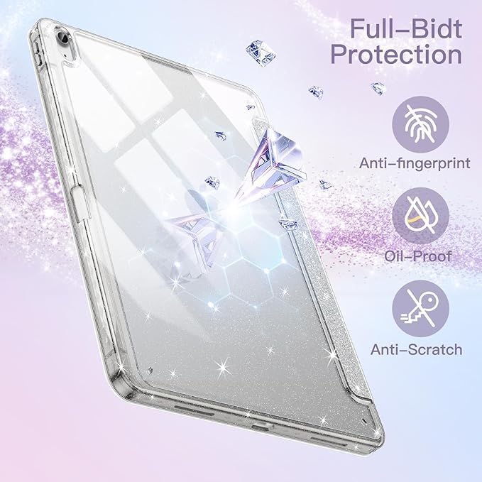 Image of ProElite Case for iPad Air 11 Inch M4 /M3 /M2, iPad Air 10.9 inch 5th /4th Gen case Cover, Transparent Smart Flip Cover with Pencil Holder, Glittering Silver