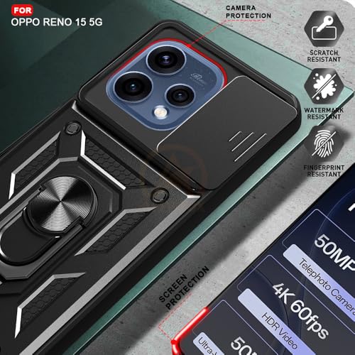 Image of Armor Bumper Back Cover Case for Oppo Reno 15 5G Rotating Camera Cover, Ring Holder & Kickstand | Heavy Duty & 360 Degree Protection Oppo Reno 15 5G Back Cover (Black)
