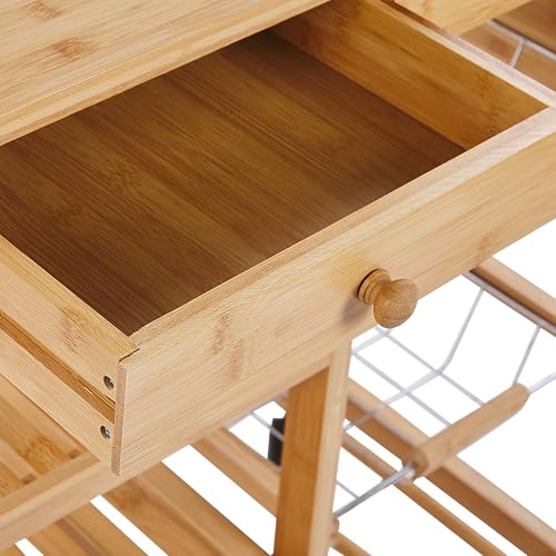 Carrello Da Cucina In Bambù In Legno Chiaro Con Ruote Portabottiglie Carrello Sala Da Pranzo Mobile - 7