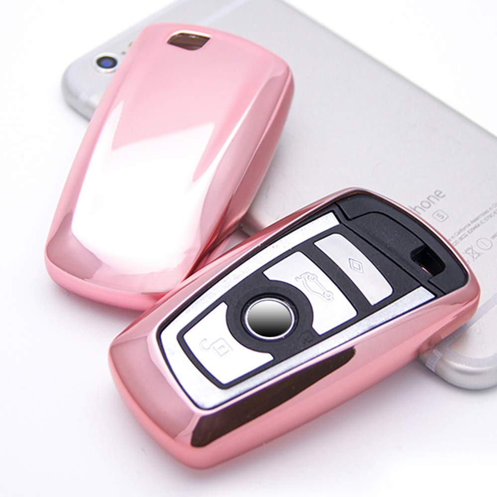Topsmart Chrome Finish TPU Car Key Protector Remote Smart Key Cover Fob Case Shell for BMW 1 3 4 5 6 Series X3 X4 M2 M3 M4 M5 M6 2012 2013 2014 2015 2016 2017 (Pink)