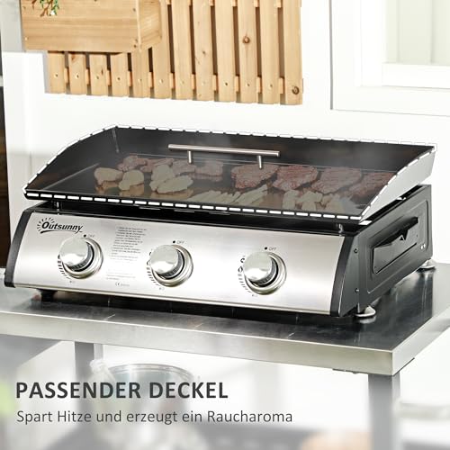 Outsunny Gasgrill mit 3 Brenner 7,5 kW Grillfläche 61 × 35,5 cm tragbarer Tischgrill mit Deckel Tischgasgrill aus Edelstahl BBQ Campinggrill für Garten Balkon Camping Schwarz