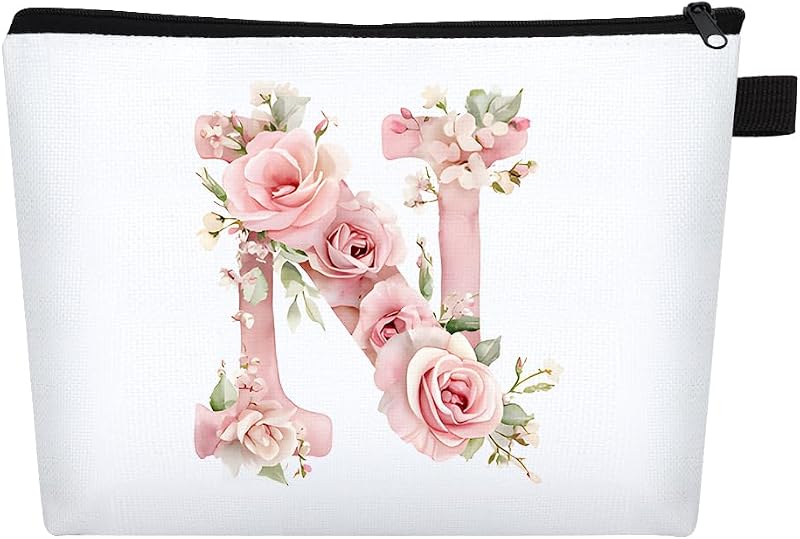 Necessaire FIDWALL com inicial A-Z e estampa floral, em algodão, fechamento por zíper, FSZMHZB-001