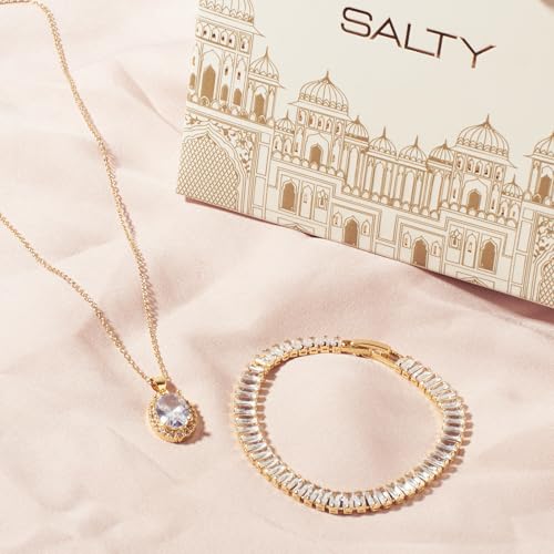 Image of SALTY Twinkle Gem Necklace and Glimmer Diamond Tennis Bracelet Combo | Necklaces and Bracelet Set for Women | Youth Stylish Modern Anti-Tarnish Stainless Steel Accessories | Trendy Minimal Jewellery | Ideal for Birthday, Anniversary, Festivals, Marriage Gift Pack | Gift for Valentine Day