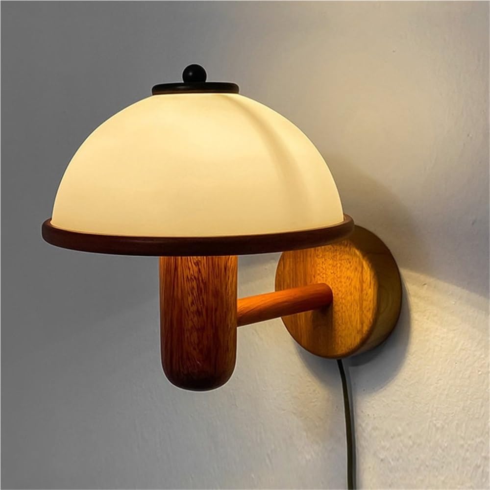 LYOUAE Nordic Rustic Rubberwood Wall Sconce Farmhouse Vintage Hardwired/Plug in Wall Lamp Milk White Acrylic Shade Wall Mounted Lamp for Bedroom Living Room Hallway(with Plug)