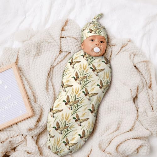 Image of Mallard Ducks Flying Newborn Baby Swaddle Blanket Baby Stuff,with Beanie hat Sets, Soft Gifts for Unisex Boys Girls Shower Infant