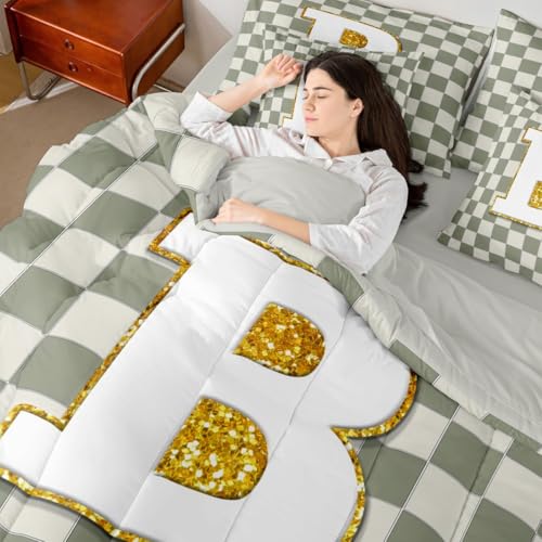 Image of Erosebridal Sage Green Checkered Queen Bed in A Bag 7 Piece Plaid Initial B Comforter Set with Sheets Personalized Monogram Bedding Sets for Kids Adults,Fashion Grids Gingham Bed Set