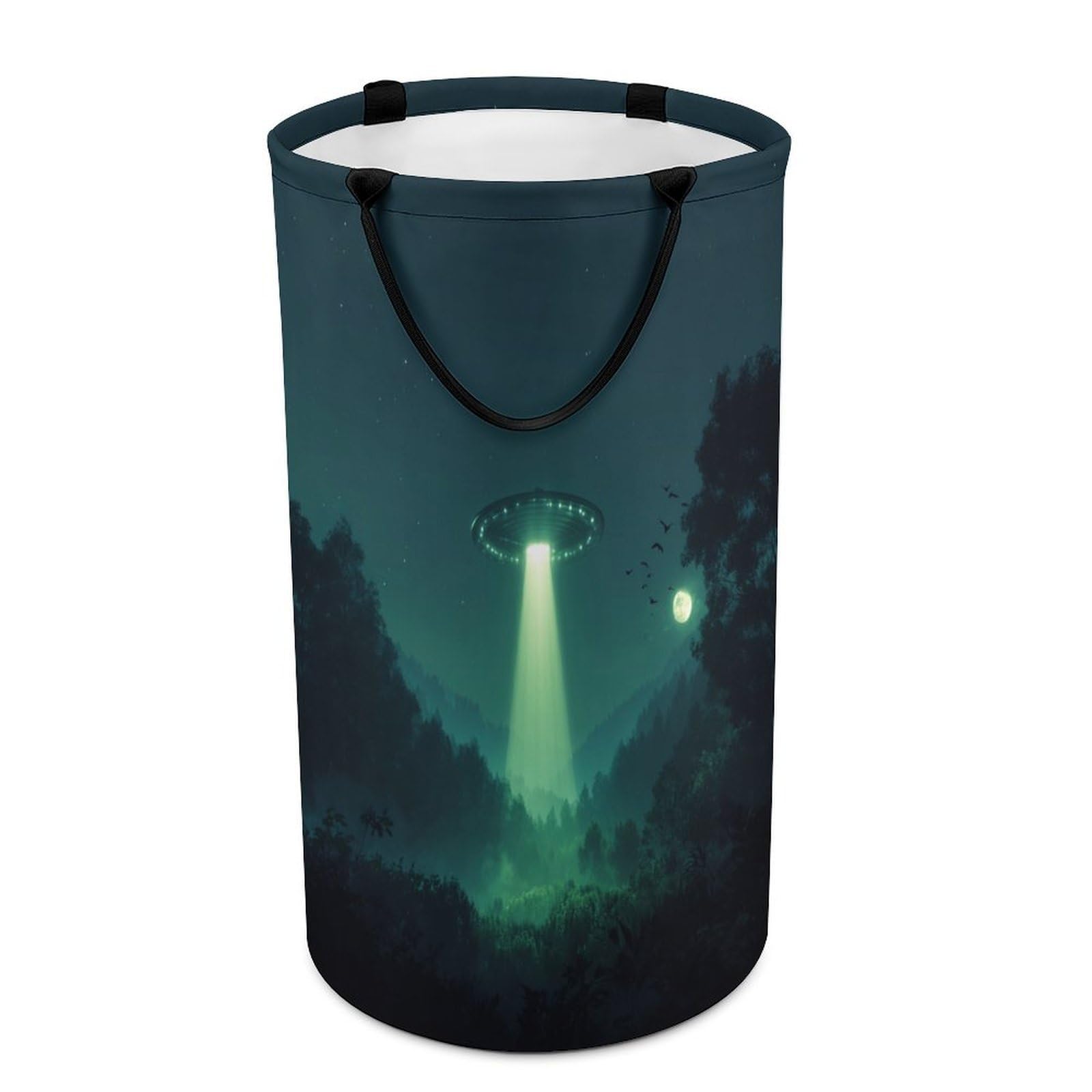 LUYYSKY Rustic Watercolor Alien Spaceship Collapsible Dirty Clothes Basket, Funny Comic Full Moon Forest UFO Pattern Portable Clothes Storage Basket