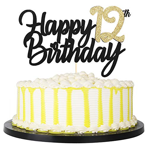 PALASASA Black Gold Glitter Happy Birthday cake topper - 12 Anniversary/Birthday Cake Topper