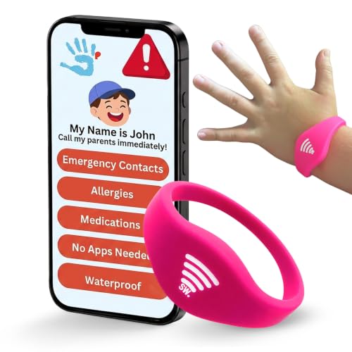 Image of Kids ID Bracelet - Fitted NFC Safety Wristband, Slip-On Child ID Band for Emergency Contact Info, Waterproof Silicone, Not GPS, Wear on Wrist or Ankle, Ideal for Theme Parks, Travel & Beaches