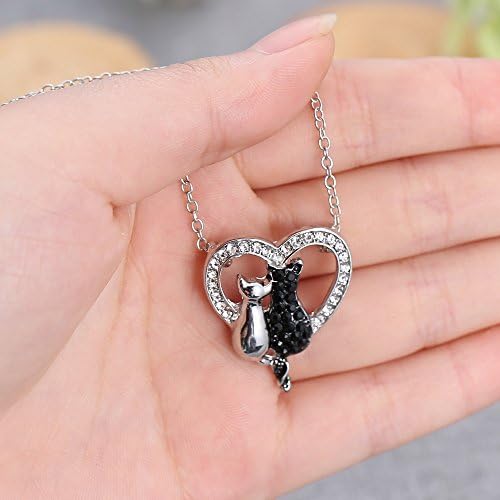 Feilok Classic Animal Shape Black and White Cats on Love Heart Pendant Necklace for Cats Lover Children