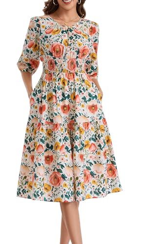 Image of Kormei Women Casual Boho Floral Round Neck 3 /4 Sleeve Smocked Waist Tiered A Line Flowy Swing Midi Dress Long Dresses