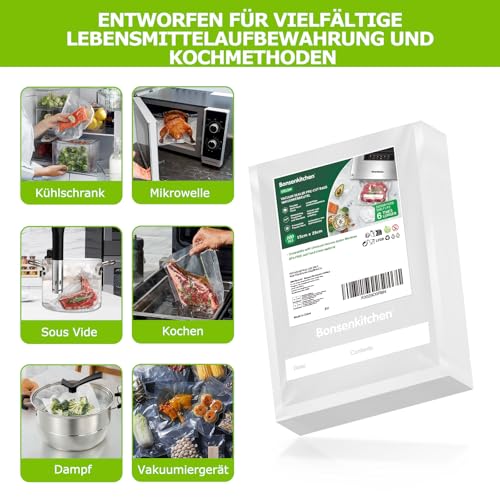 Bonsenkitchen Vakuumierbeutel 15x25cm, 100 Beutel Profi-Folienbeutel für alle Vakuumiergerät, vakuumbeutel für lebensmittel, Sous Vide Gefrierbeutel, Einschweissbeutel, BPA-frei