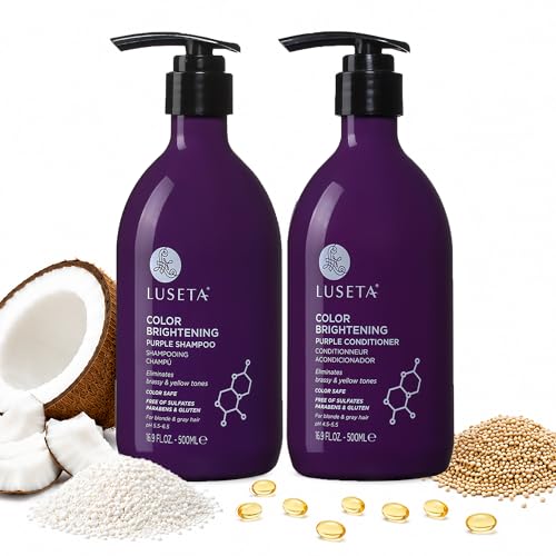 Luseta Purple Shampoo and Conditioner Set for Blonde, Gray - Color Treated Hair - Sulfate Free Paraben Free - Infused with Cocos Nucifera Oil for Curly and Damaged Hair - 2x16.9oz