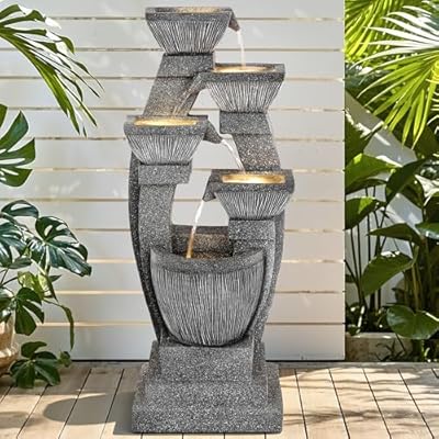 Ultym 40.5" Outdoor Fountain, Four-Column & Bowls Water Feature with LED Lights, Modern Resin Soothing Cascading Waterfall for Patio, Backyard, Garden or Porch