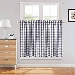 Fregadero Estilo Campestre LinTimes Visillos con patrón de Cuadros, con cordón, Cortina de bistró para Cocina, Semitransparente, Cortina de bistró, a Cuadros, Estilo rústico, Juego de 2 Unidades, Gris, 71 x 91 cm