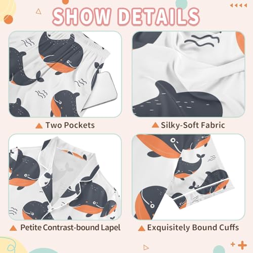 senya Cartoon Whale Orange Satin Summer Pajama Sets Silk Short Sleeve Button Down Sleepwear3