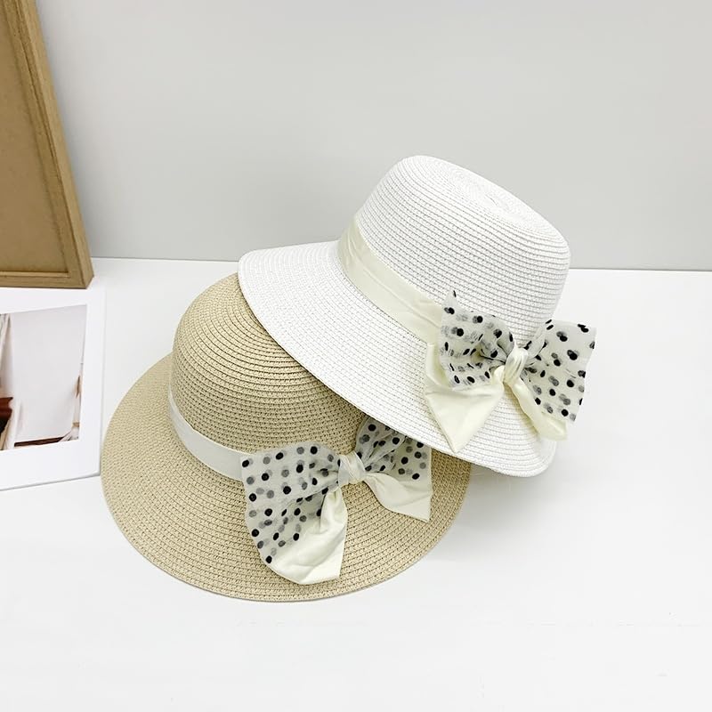 Sombrero de Paja de Verano para Mujer,de ala Ancha,Ligero,con Lazo de Lunares,Plegable,Flexible,Transpirable,para Playa,para Actividades Al Aire Libre