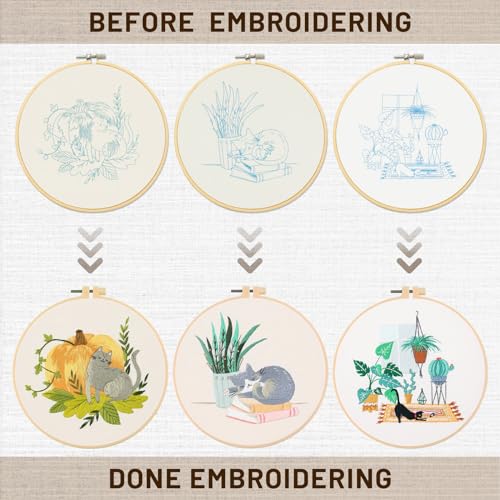 Image of XM-GENYUE 3 Sets Cute Cat Embroidery Starters Kit with Pattern for Beginners, Full Range of Stamped Cat and Flower Cross Stitch Kit Set with Embroidery Hoop Cloth Thread Needlepoint Kit