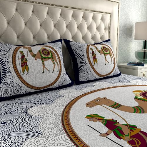 Image of LA VERNE 104 TC Cotton Double Bed Bedsheet Jaipuri Rajasthani Print Bedsheet with 2 Pillow Covers