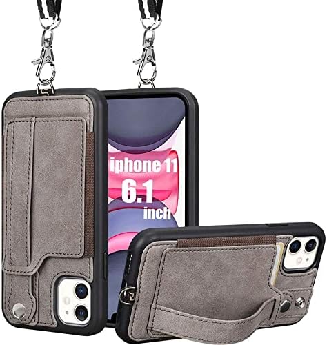 TOOVREN iPhone 11 Wallet Case, iPhone 11 Case Lanyard Neck Strap with Kickstand Leather Card Holder Adjustable Detachable Necklace, Phone Protective Back Cover for Apple iPhone 11 6.1 inch Gray