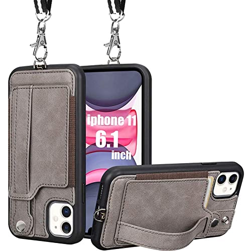 Toovren Iphone 11 Wallet Case, Iphone 11 Case Lanyard Neck Strap With Kickstand Leather Card Holder Adjustable Detachable Necklace, Phone Protective Back Cover For Apple Iphone 11 6.1 Inch Gray #TOP19