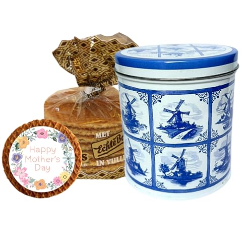 DeReuze Dutch Stroopwafel Gift Set – Authentic Caramel Waffle Cookies in Blue Tile Delft Style Holland Tin – Includes Gift Message: Happy Birthday, Thank You, Get Well for Coffee & Tea Lovers (Mother's Day)
