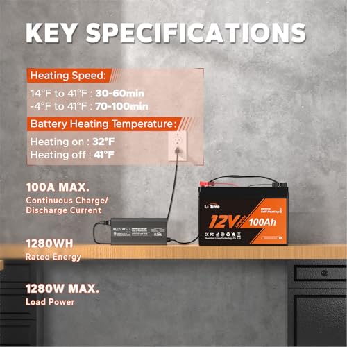 image for LiTime 12V 100Ah Self-Heating LiFePO4 Lithium Battery with 100A BMS Lo