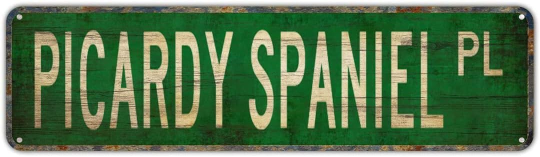 Peiyeety A009 Vintage Metal Tin Sign Decorative Wall Art Picardy Spaniel Pl Themed Street Sign, Rustic Style, Durable Waterproof Rustproof, For Home, Pet Decor, Dog Lover, Easy To Mount, 4X16 Inch
