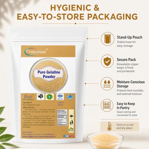 Image of Neotea GELATIN Premium Gold Gelatin of International Standard (Unflavoured) Best for Cake, Pudding, Jelly, Entremets & Desserts (500 gm)