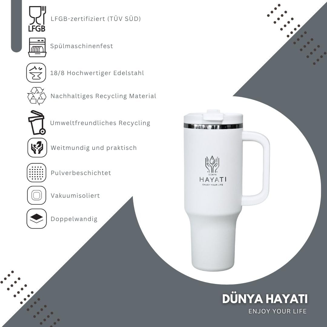 Gobelet isotherme de qualité supérieure 1,2 l/40 oz – Certifié TÜV, certifié LFGB – Sans BPA | Anti-fuite avec couvercle et paille | Gobelet en acier inoxydable avec gravure au laser, 8 h