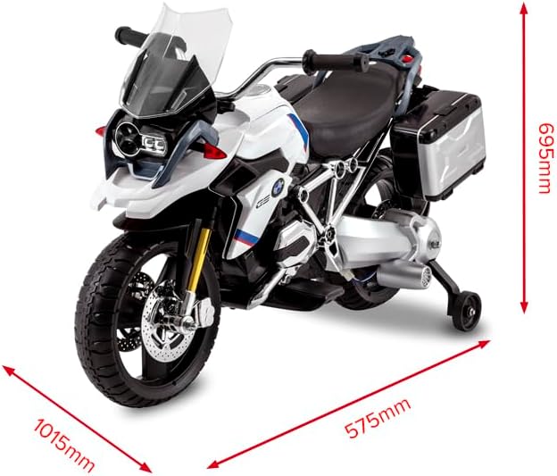 Diagramma che mostra le dimensioni della motocicletta da viaggio Rollplay BMW R1200 GS: lunghezza 1015 mm, larghezza 575 mm e altezza 695 mm.