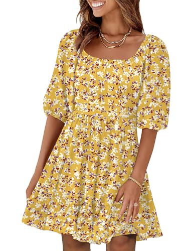 Image of ANRABESS Womens Lantern Short Sleeve Square Neck Casual Flowy Mini Dresses 2026 Holiday Summer Spring Beach Vacation Clothes