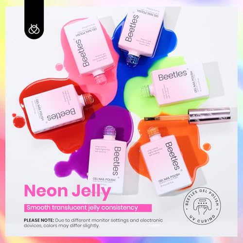 Image of Beetles Jelly Gel Polish Set, 6 Colors HEMA-Free Summer Neon Gel Polish Yellow Pink Red Blue Purple Orange 15ML Full Size Full Size Sheer Translucent Effect Soak Off UV Colorful Bottle Gel Gifts