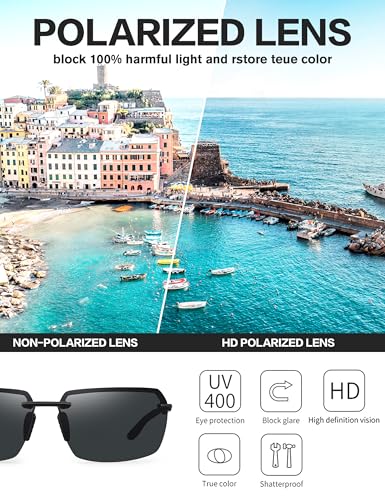 Image of BIRCEN Mens Polarized Sunglasses for Driving: Rimless UV Protection Sun Glasses with Al-Mg Frame for Fishing Traveling Golf