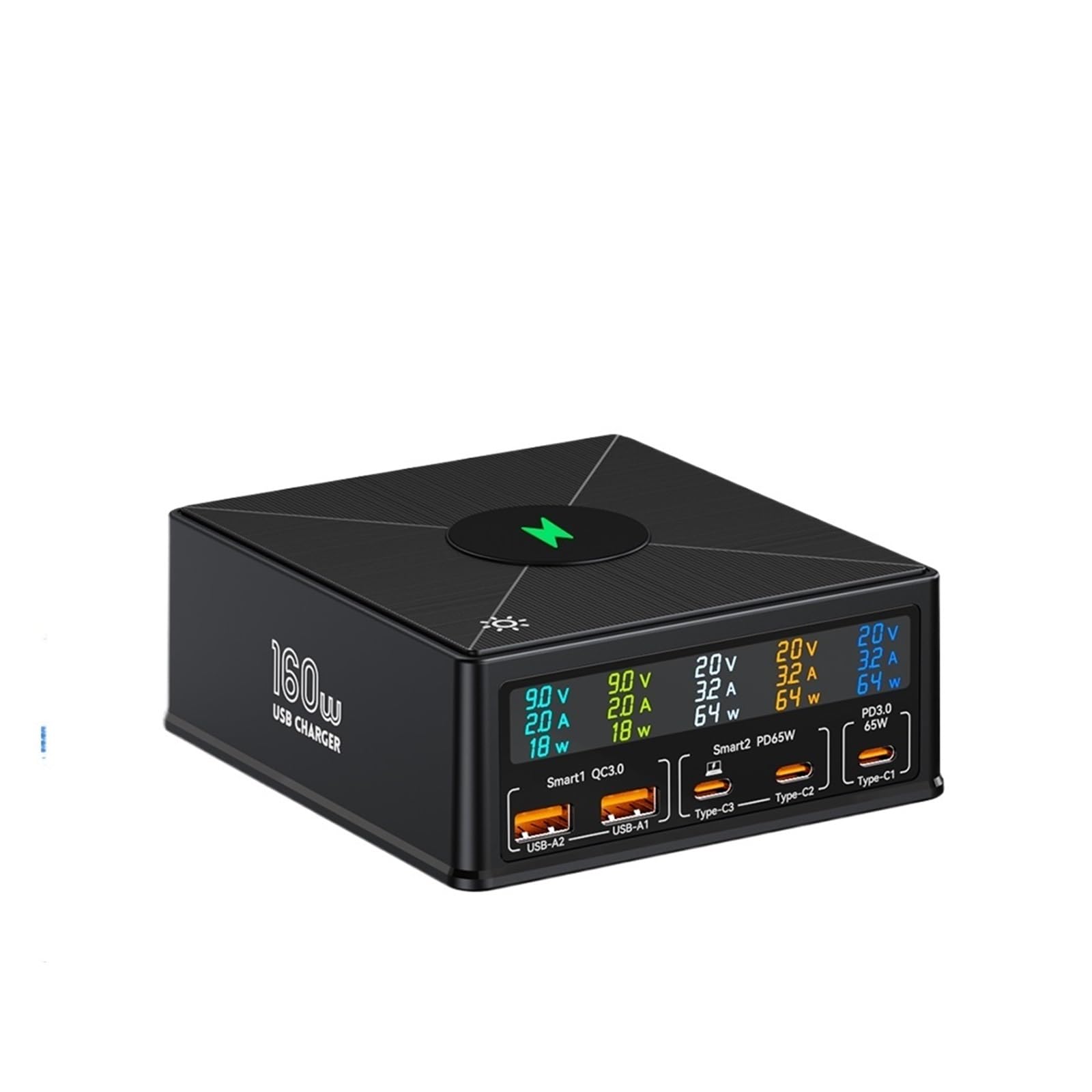 Chargeur multiports, Station de Chargeur USB GaN 160W 15W, Charge sans Fil, écran LCD, USB C PD 65W QC, Chargeur Rapide pour la Maison, Le Bureau et Les Voyages