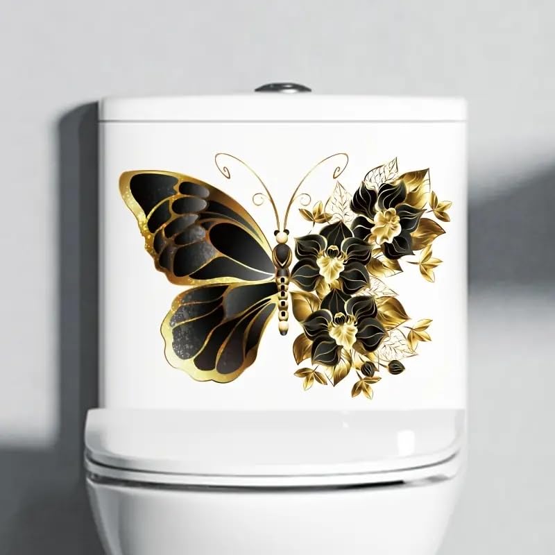 Black Butterfly Flower Toilet Cover Sticker Decals,Spring Flower Leaf Butterfly Waterproof Toilet Lid Tank Seat Decals Cistern Self-Adhesive Bathroom Wall Sticker