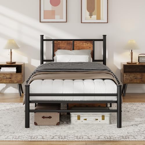 LUBEDCY - LUBEDCY Twin Size Bed Frame with Rustic Wood Headboard, Heavy Duty Metal Platform Frame, Sturdy Steel Slat Support, No Box Spring Needed, Kids Twin Bed Frame, Black (Black, Twin) - -33%