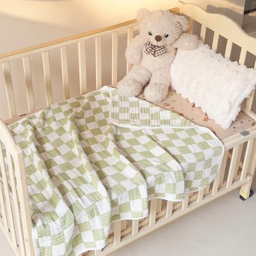 Image of Ultra Soft Cozy Cotton 6-Layer Muslin Baby Blanket 41 inchx41 inch Breathable Lightweight Checkered Swaddle Blanket for Baby Boy Girl Birthday Gifts All Seasons Both Sides Sage Green