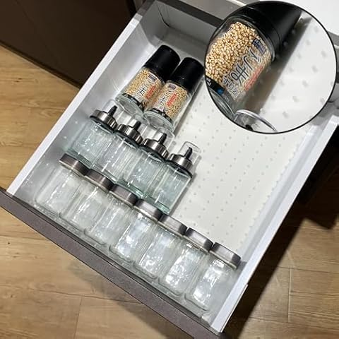 Gosmol Spice Drawer Organizer insert, Adjustable & Non-Slip Silicone Spice Drawer Liner, in Drawer Spice Organizer for Seasoning Jars and Spices Bottles, Set of 2-White Cover
