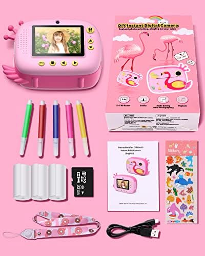 Hangrui Instant Camera for Kids, Upgrade 2.4 Inch Screen,Dual Lens,20MP 1080P HD Zero Ink Kids Camera Instant Print with 3 Rolls Print Paper & 32G SD Card,5 Color Pens, Best Gift for Girls and Boys