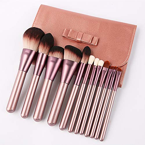 Makeup Brush Set, 12 Pcs Super Soft Microfiber Professional Makeup Brushes Kit - Concealers Foundation Eye Shadows Wood Handle Makeup Brushes Kit with PU Leather Case (Champagne Pink)