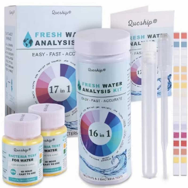 17 in 1 Premium Drinking Water Test Kit - 100 Strips + 2 Bacteria Tests - Home Water Quality Test - Well & Tap Water - Easy Testing for Lead, Bacteria, Hardness, Fluoride, pH, Iron, Copper and More!