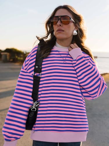 PRETTYGARDEN Womens Striped Oversized Sweatshirt Color Block Crew Neck Long Sleeve Casual Loose Pullover Top Y2K Clothes (Blue Pink, Medium) — view 6