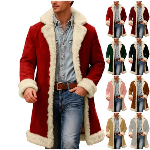 Santa Outfit,Christmas Cardigan Long Fur Coat Fleece Lined Faux Fur Xmas Costume Warm Christmas Jacket With Pockets(Red,XX-Large)