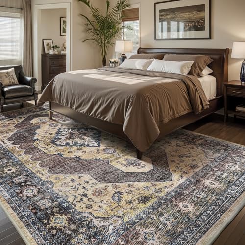 Engiw-6x9 Area Rugs for Bedroom Rug Living Room Rug Carpet Machine Washable Dining Room Rugs Neutral Farmhouse Vintage Brown Taupe Brown/Taupe 6' x 9' (Rectangular)