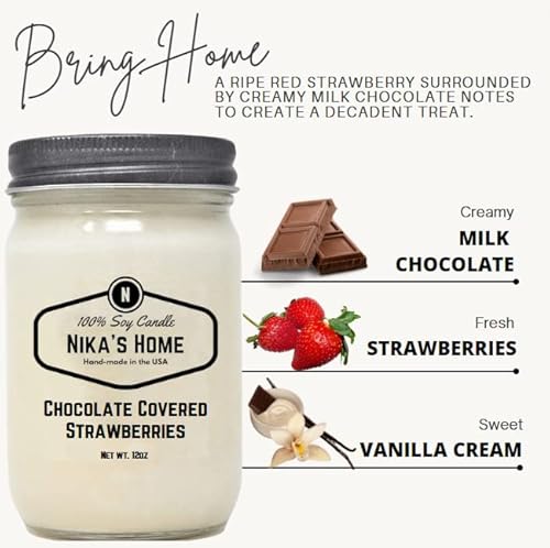 Nika's Home Chocolate Covered Strawberries, Soy Candle 12Oz Mason Jar Non-Toxic White Soy Candle-Hand Poured Handmade, Long Burning 50-60 Hours Highly Scented All Natural, Valentines Day Gifts #TOP1
