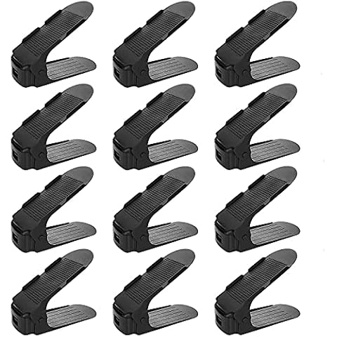 HYGRAD® Pack Of 12 Adjustable Shoe Slots, Shoe Rack Organiser Slots For Space Saving And Shoes Organiser Black, White, Grey (Black) Cover